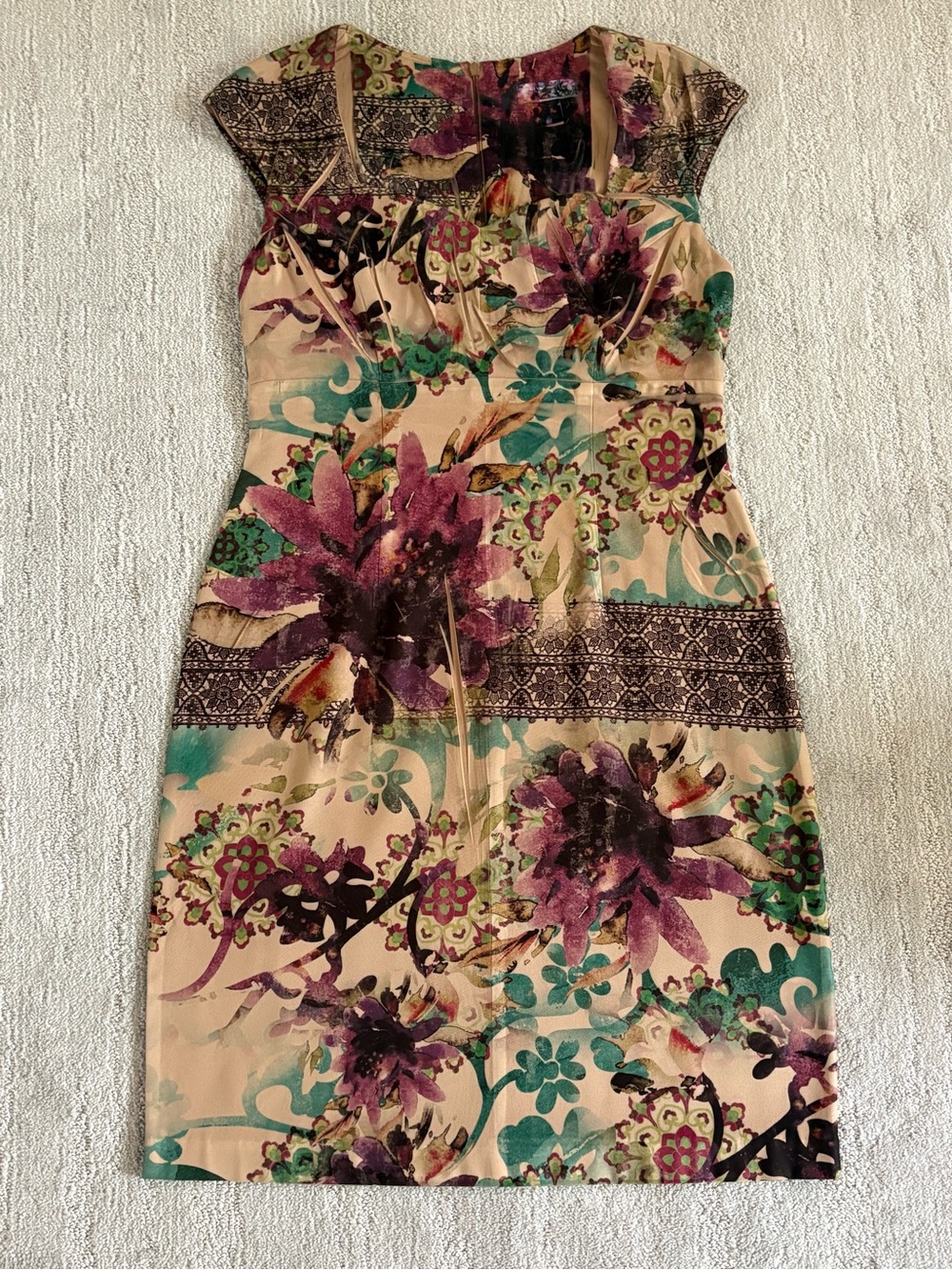 Vintage Y2K Dressbarn Mixed Floral Border Print Sheath Dress Size 8 Whimsigoth